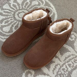 Women's Brown Suede Ankle Booties with Shearling Lining